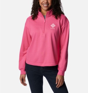 Columbia Logo French Terry Half Zip Women's Pullover Pink | IMUZTA-936