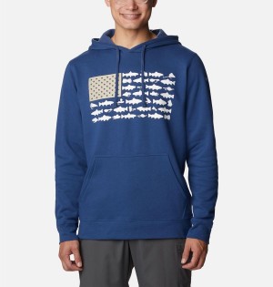 Columbia PFG Fish Flag II Men's Hoodie Blue | TWKLED-352