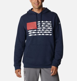 Columbia PFG Fish Flag II Men's Hoodie Navy | QMXUVT-894