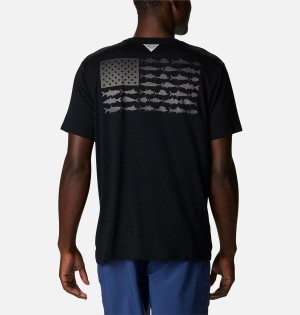 Columbia PFG Fish Flag Tech Short Sleeve Men's T-Shirt Black | LGIZJP-756