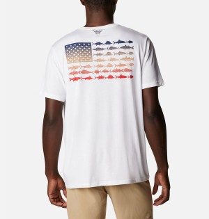 Columbia PFG Fish Flag Tech Short Sleeve Men's T-Shirt White | JVLXZD-213