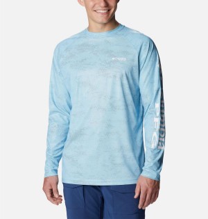 Columbia PFG Terminal Deflector Printed Long Sleeve Men's T-Shirt Blue | ZRQVJB-125
