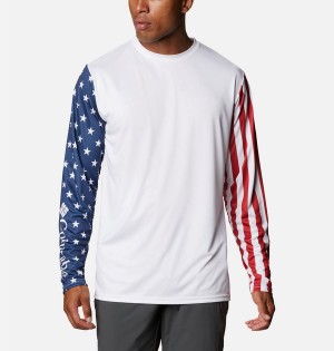 Columbia PFG Terminal Tackle Americana Long Sleeve Men's T-Shirt White | ZCOEAG-017