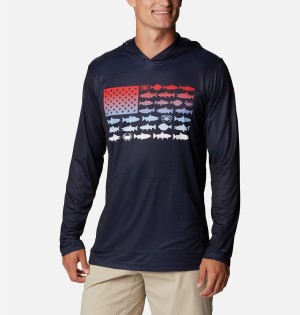 Columbia PFG Terminal Tackle Fish Flag Men's Hoodie Navy | VCIESO-684