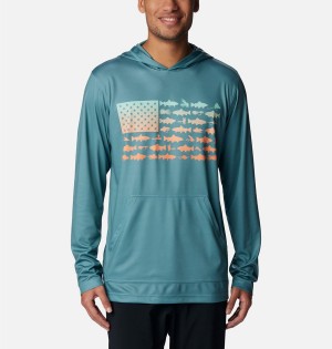 Columbia PFG Terminal Tackle Fish Flag Men's Hoodie Turquoise | DHCLWV-432