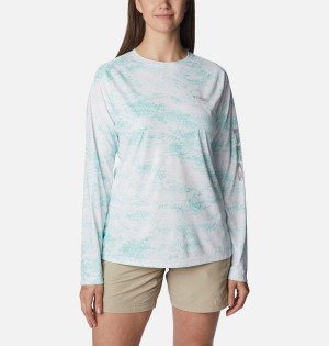 Columbia PFG Tidal Deflector Printed Long Sleeve Women's T-Shirt Blue | NPKBZV-312