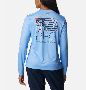 Columbia PFG Tidal Fish Star Long Sleeve Women's T-Shirt Blue | FKDYVZ-861