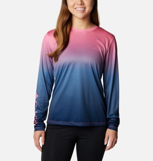 Columbia PFG Tidal Isle Rise Fade Long Sleeve Women's T-Shirt Blue | GASNMZ-179