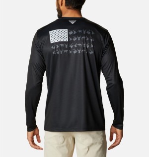 Columbia PHG Terminal Shot Game Flag Long Sleeve Men's T-Shirt Black | IQRPDA-726