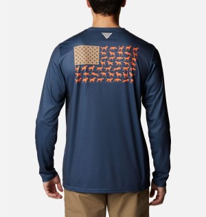 Columbia PHG Terminal Shot Game Flag Long Sleeve Men's T-Shirt Blue | IQKFUJ-065