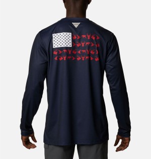 Columbia PHG Terminal Shot Game Flag Long Sleeve Men's T-Shirt Navy | TJFAYO-438