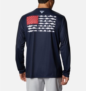Columbia Terminal Tackle PFG Fish Flag Long Sleeve Men's T-Shirt Navy | STKPQD-952
