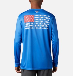 Columbia Terminal Tackle PFG Fish Flag Long Sleeve Men's T-Shirt Blue | SXUMFJ-914