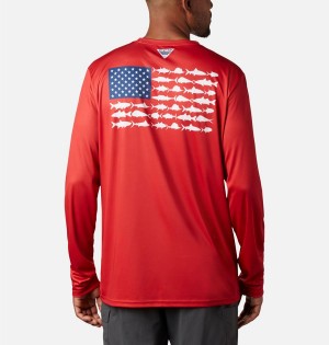 Columbia Terminal Tackle PFG Fish Flag Long Sleeve Men's T-Shirt Red | XRPQUF-096