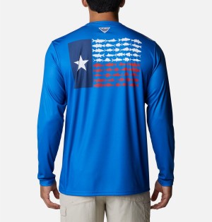 Columbia Terminal Tackle PFG Fish Flag Long Sleeve Men's T-Shirt Blue | RBMKNU-867