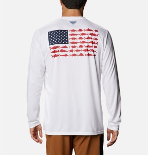 Columbia Terminal Tackle PFG Fish Flag Long Sleeve Men's T-Shirt White | QITSLJ-936