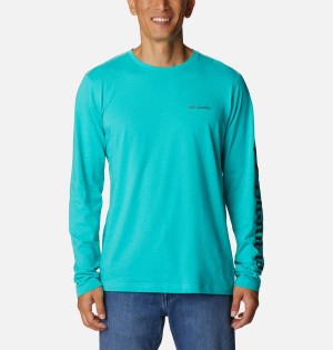Columbia Thistletown Hills Long Sleeve Logo Men's T-Shirt Turquoise | XRTUQG-461