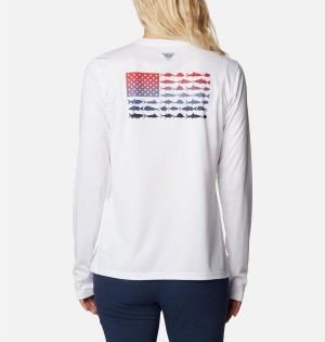 Columbia Tidal PFG Fish Flag Long Sleeve Women's T-Shirt White | MFXTVB-217