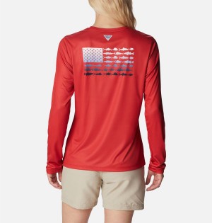 Columbia Tidal PFG Fish Flag Long Sleeve Women's T-Shirt Red | ZTVASM-947