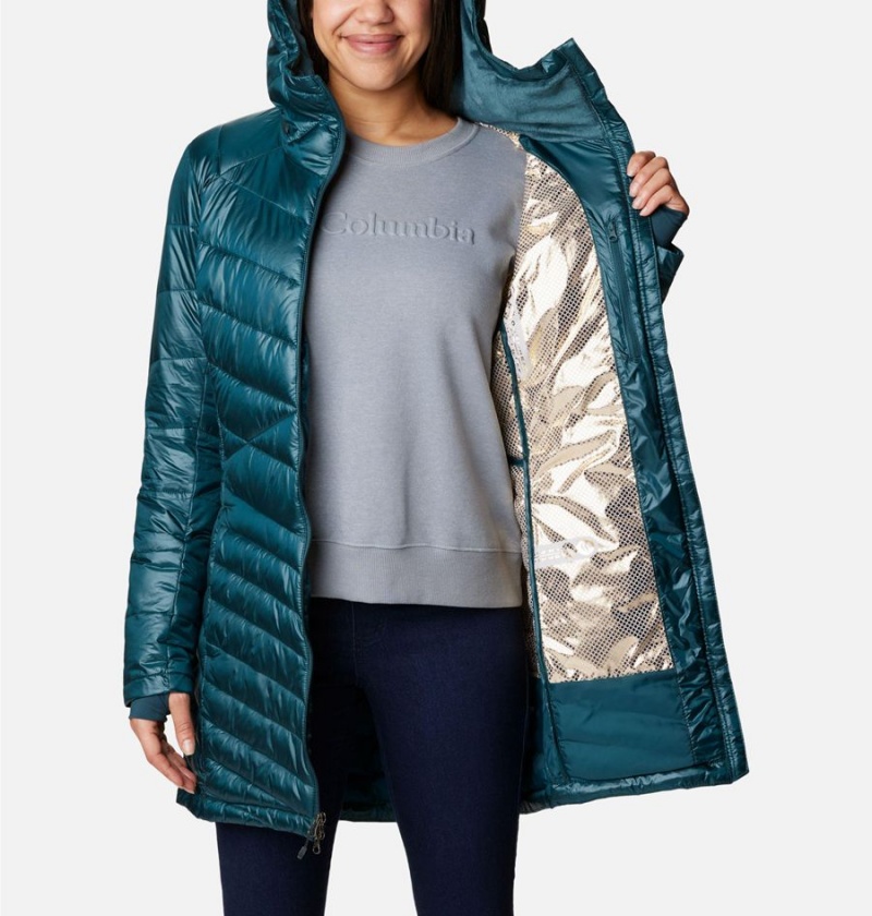 Columbia Joy Peak Mid Insulated Hooded Women's Puffer Jacket Turquoise | SZGCFL-139