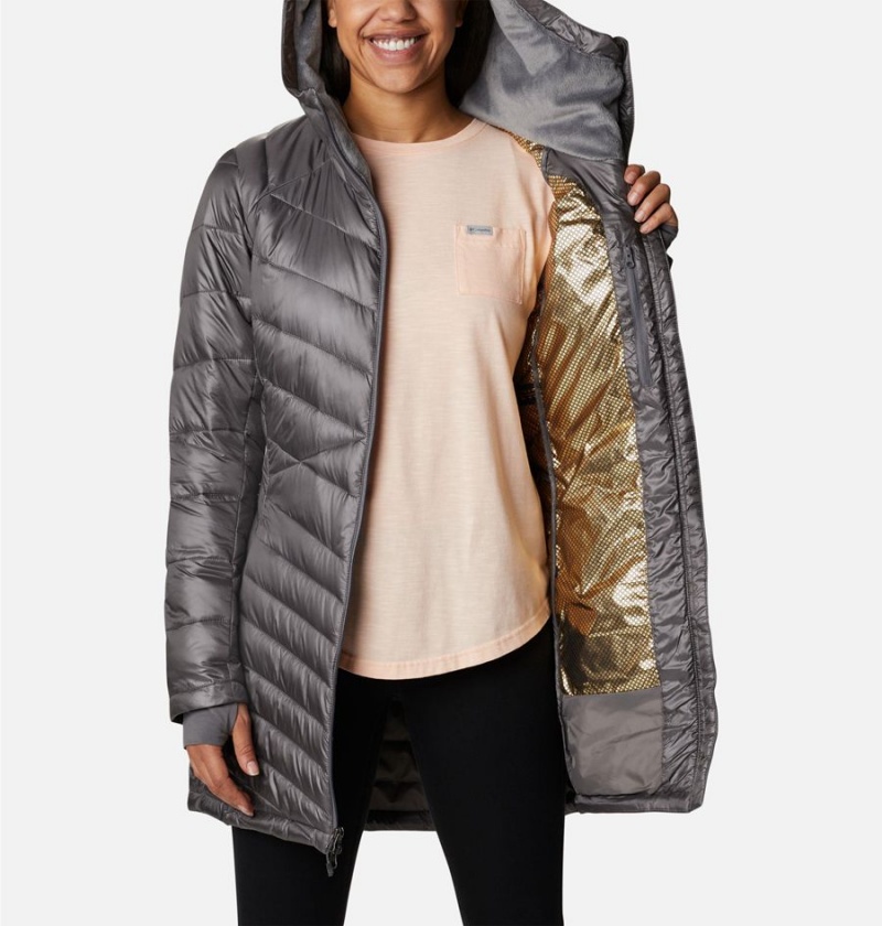 Columbia Joy Peak Mid Insulated Hooded Women's Puffer Jacket Grey | PDJBNH-134