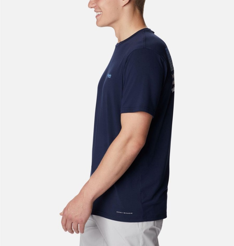 Columbia PFG Fish Flag Tech Short Sleeve Men's T-Shirt Navy | XFBQRA-170