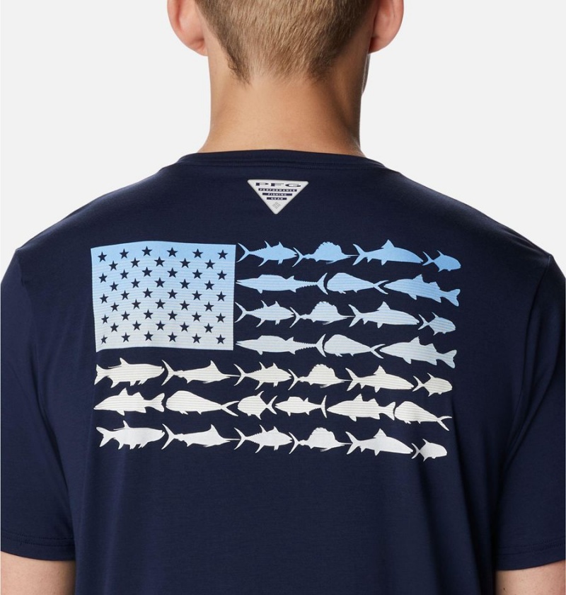 Columbia PFG Fish Flag Tech Short Sleeve Men's T-Shirt Navy | XFBQRA-170