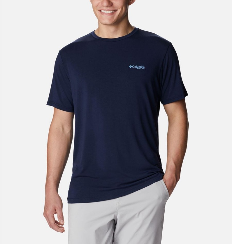 Columbia PFG Fish Flag Tech Short Sleeve Men\'s T-Shirt Navy | XFBQRA-170