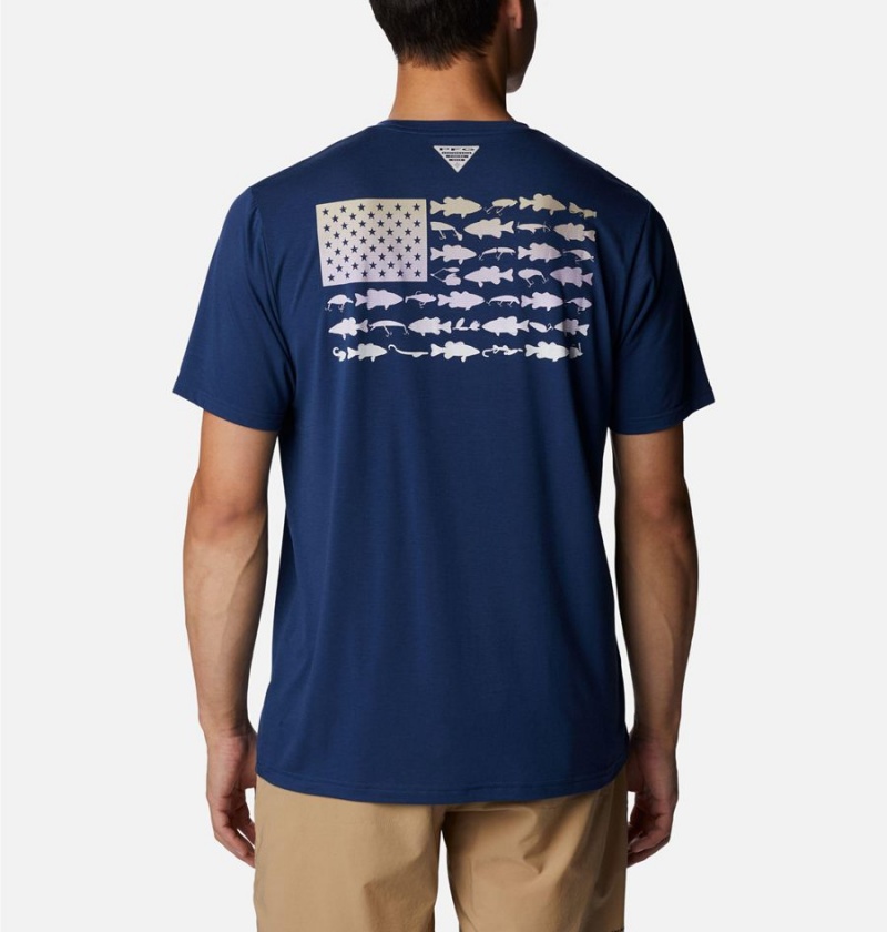 Columbia PFG Fish Flag Tech Short Sleeve Men's T-Shirt Blue | UZALVH-803