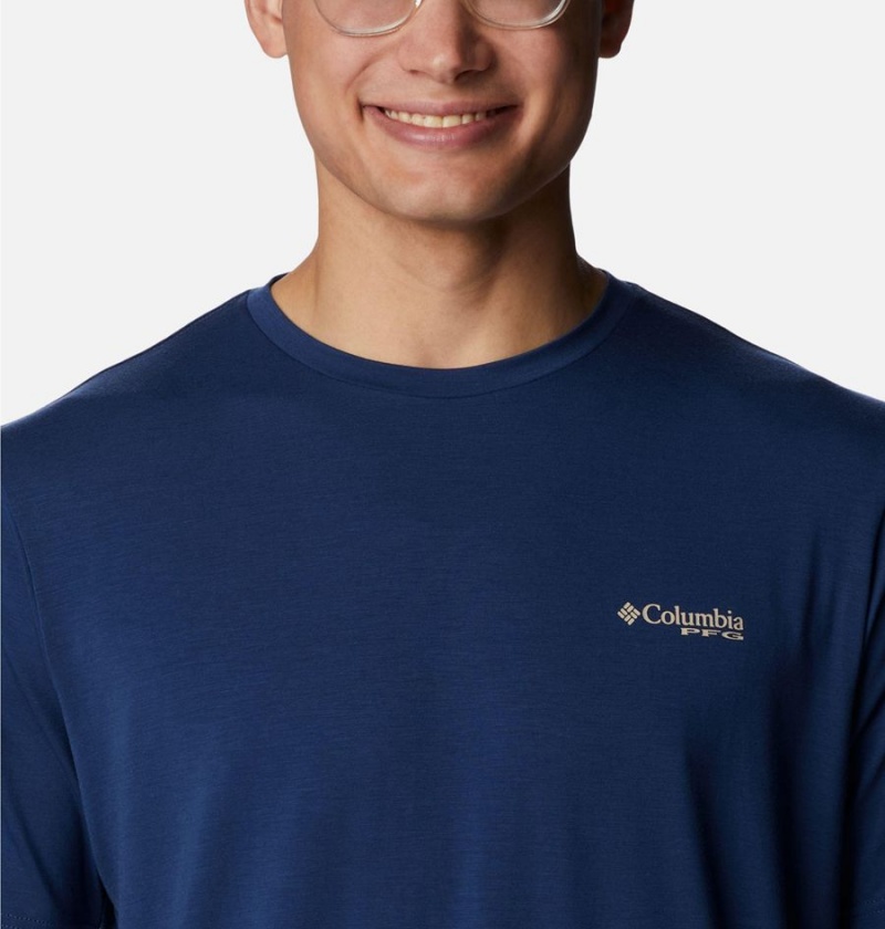 Columbia PFG Fish Flag Tech Short Sleeve Men's T-Shirt Blue | UZALVH-803