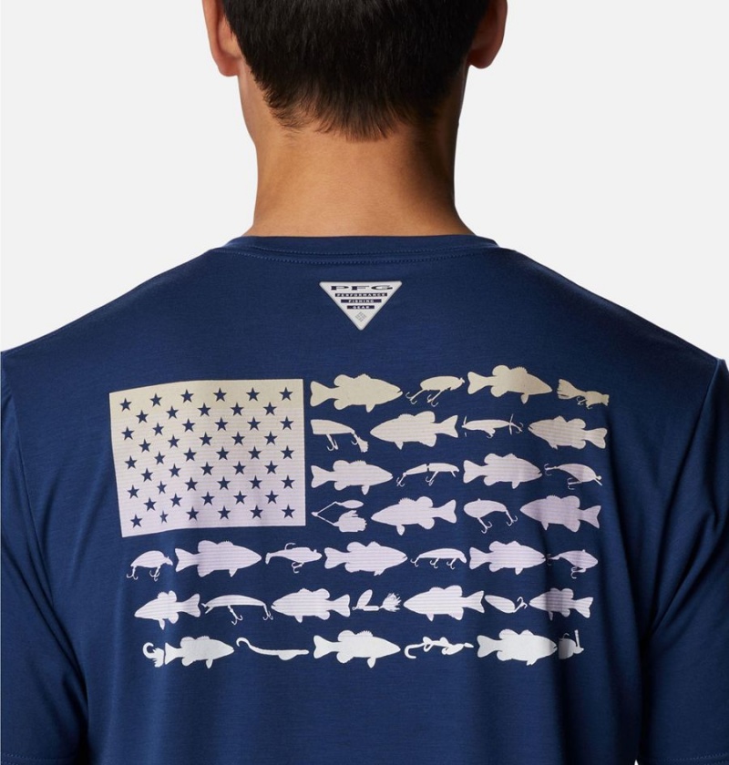 Columbia PFG Fish Flag Tech Short Sleeve Men's T-Shirt Blue | UZALVH-803