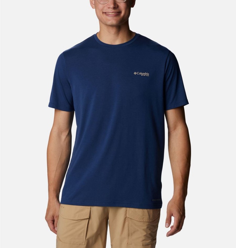 Columbia PFG Fish Flag Tech Short Sleeve Men\'s T-Shirt Blue | UZALVH-803