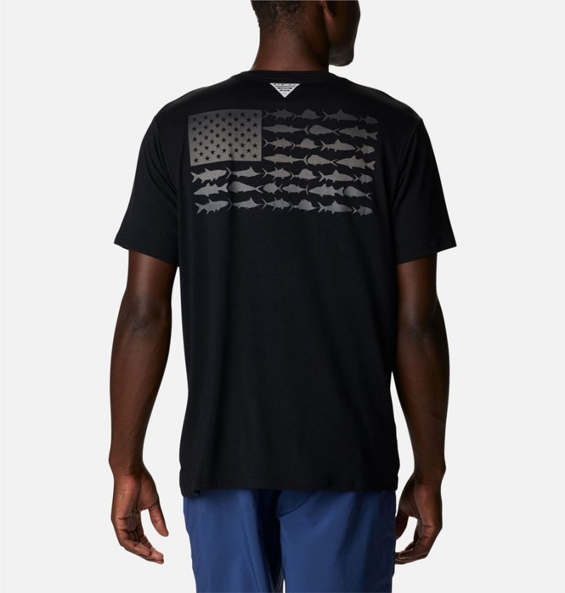 Columbia PFG Fish Flag Tech Short Sleeve Men\'s T-Shirt Black | LGIZJP-756
