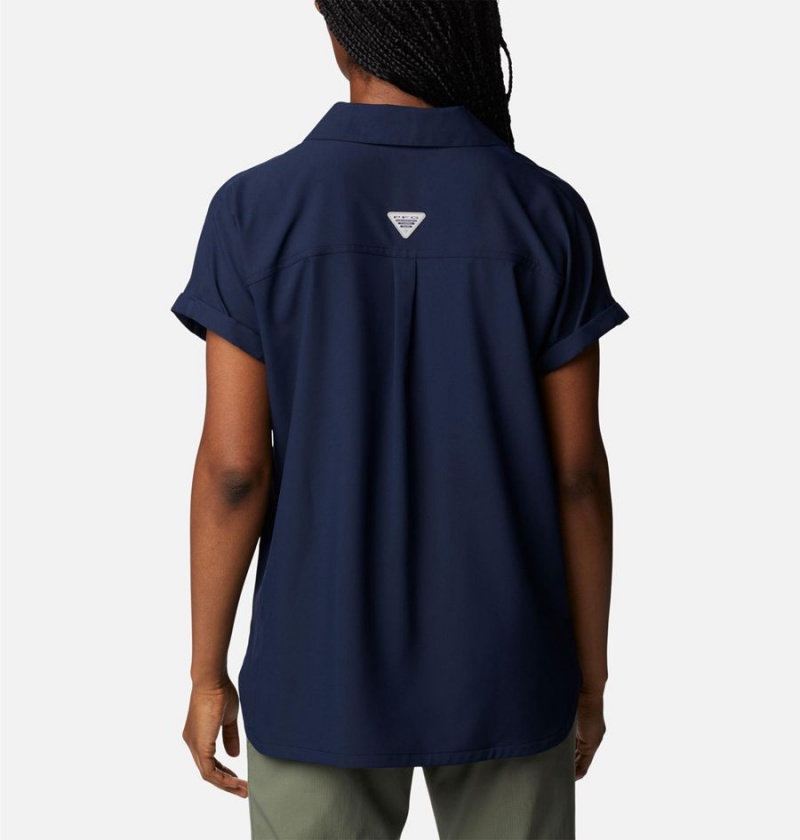 Columbia PFG Sun Drifter Woven Short Sleeve Women's Shirt Navy | DQOMCG-409