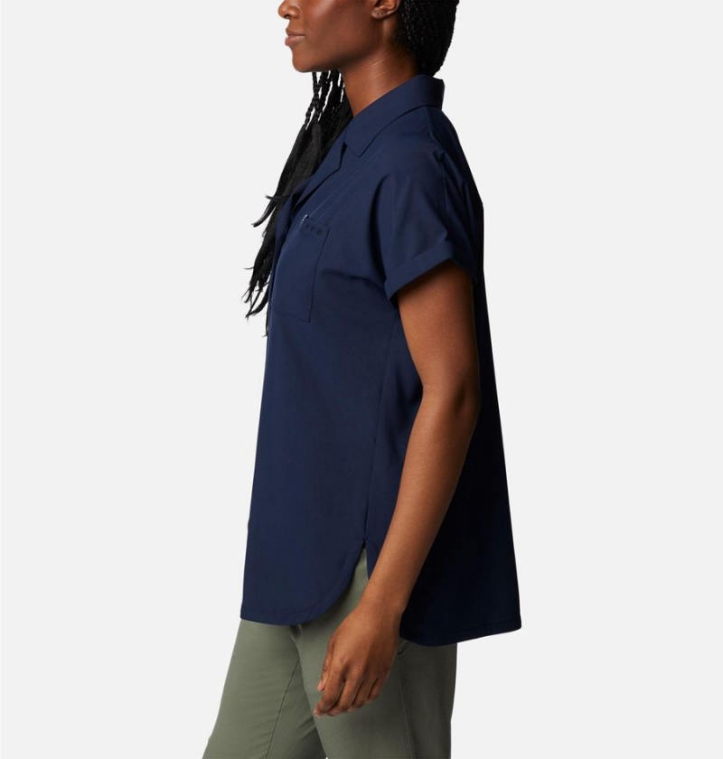 Columbia PFG Sun Drifter Woven Short Sleeve Women's Shirt Navy | DQOMCG-409
