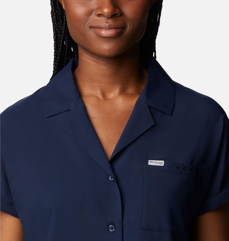 Columbia PFG Sun Drifter Woven Short Sleeve Women's Shirt Navy | DQOMCG-409