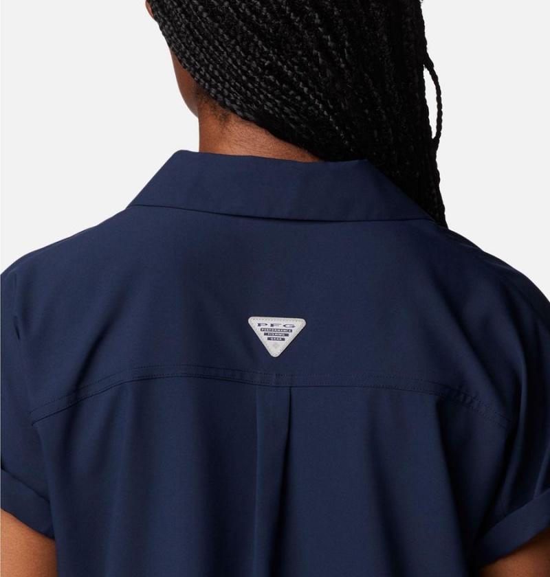 Columbia PFG Sun Drifter Woven Short Sleeve Women's Shirt Navy | DQOMCG-409