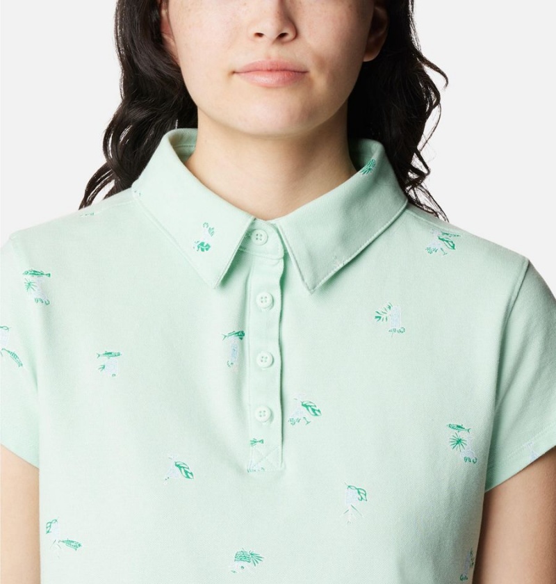 Columbia PFG Super Sun Drifter Short Sleeve Polo Women's T-Shirt Green | LDRAQZ-834
