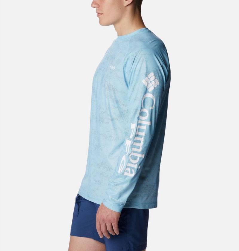 Columbia PFG Terminal Deflector Printed Long Sleeve Men's T-Shirt Blue | ZRQVJB-125