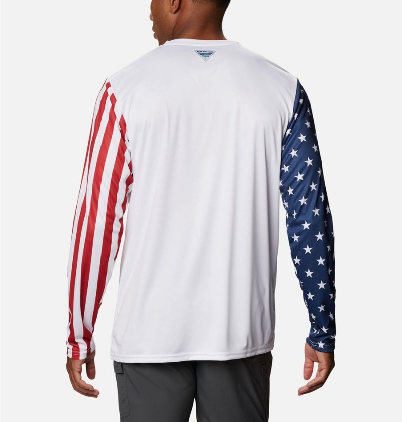 Columbia PFG Terminal Tackle Americana Long Sleeve Men's T-Shirt White | ZCOEAG-017