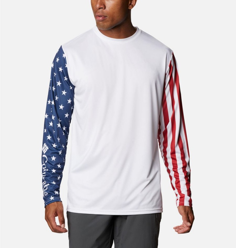 Columbia PFG Terminal Tackle Americana Long Sleeve Men\'s T-Shirt White | ZCOEAG-017