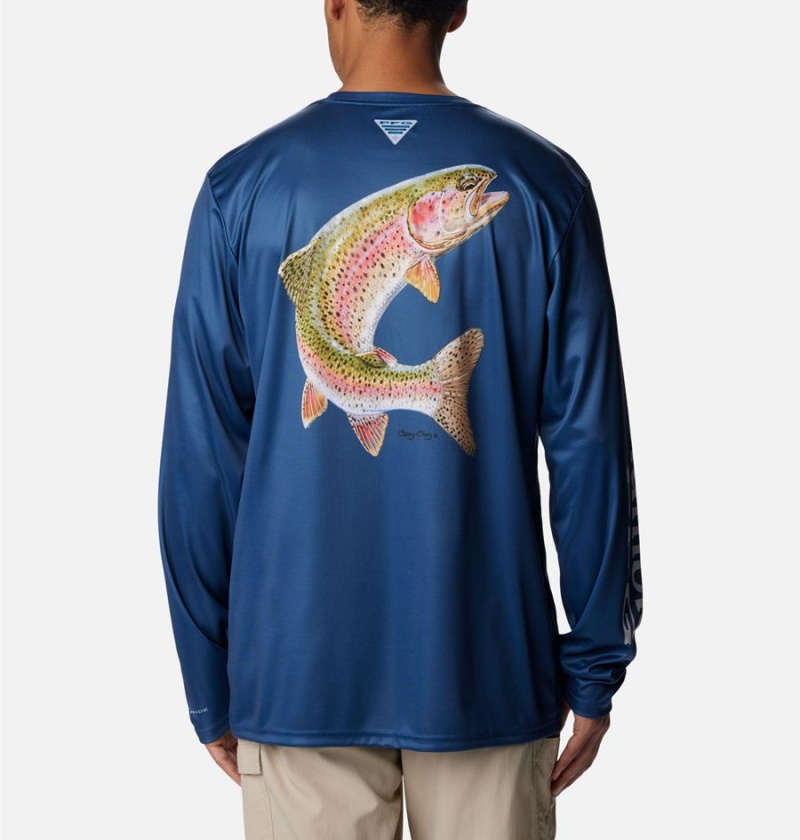 Columbia PFG Terminal Tackle Carey Chen Long Sleeve Men's T-Shirt Blue | NLQXJZ-523