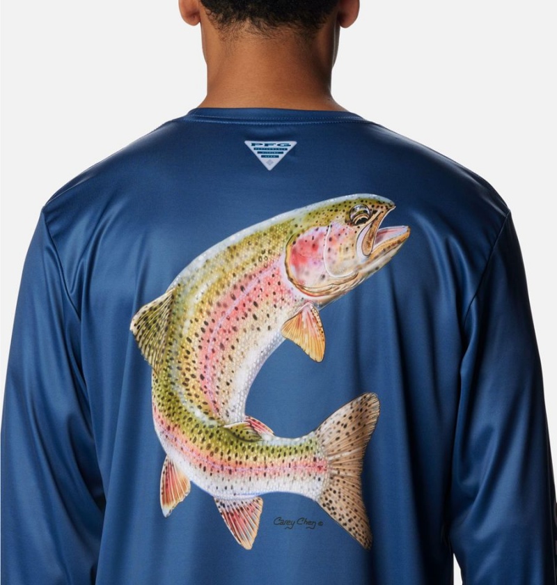 Columbia PFG Terminal Tackle Carey Chen Long Sleeve Men's T-Shirt Blue | NLQXJZ-523