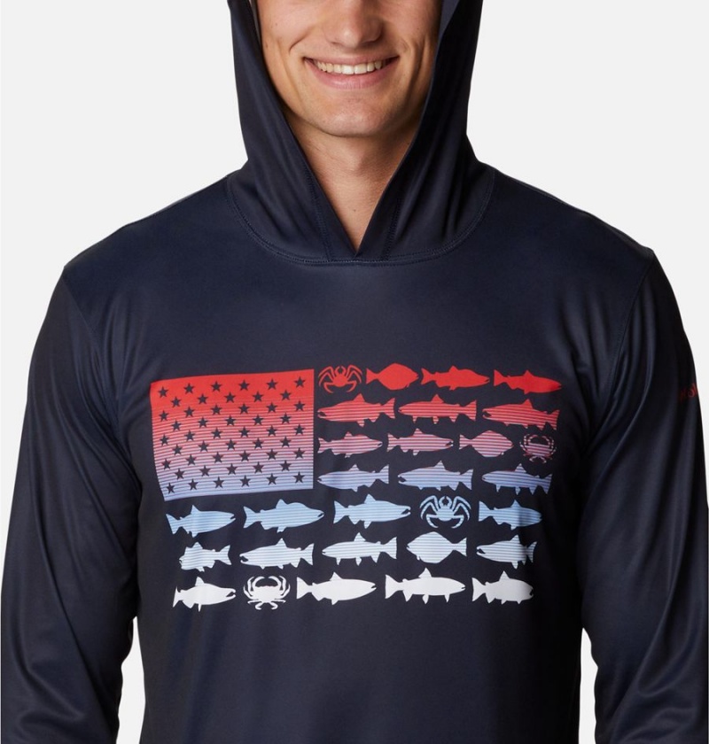 Columbia PFG Terminal Tackle Fish Flag Men's Hoodie Navy | VCIESO-684