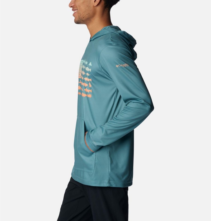 Columbia PFG Terminal Tackle Fish Flag Men's Hoodie Turquoise | DHCLWV-432