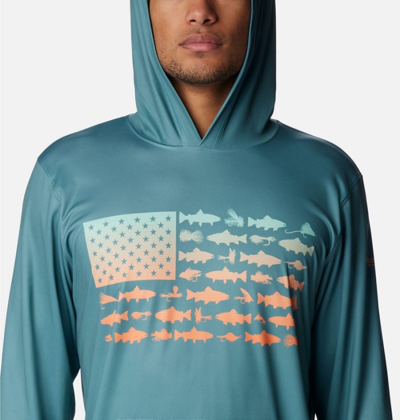 Columbia PFG Terminal Tackle Fish Flag Men's Hoodie Turquoise | DHCLWV-432