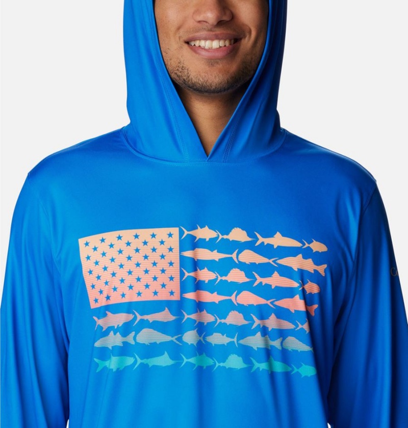 Columbia PFG Terminal Tackle Fish Flag Men's Hoodie Blue | TJNIPV-890