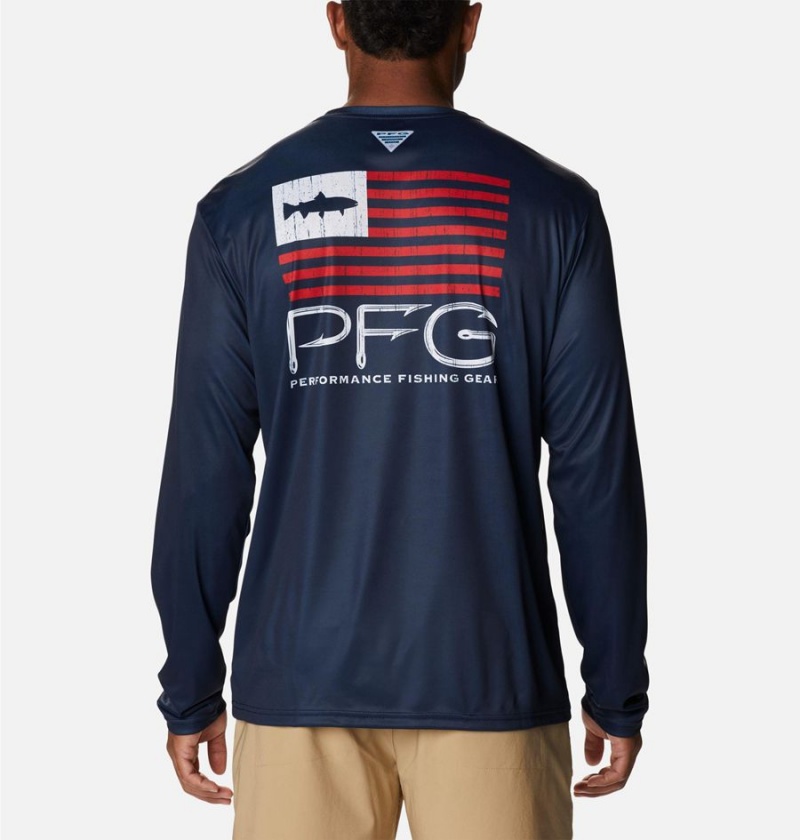 Columbia PFG Terminal Tackle Fish Star Long Sleeve Men's T-Shirt Navy | KUBNXZ-942