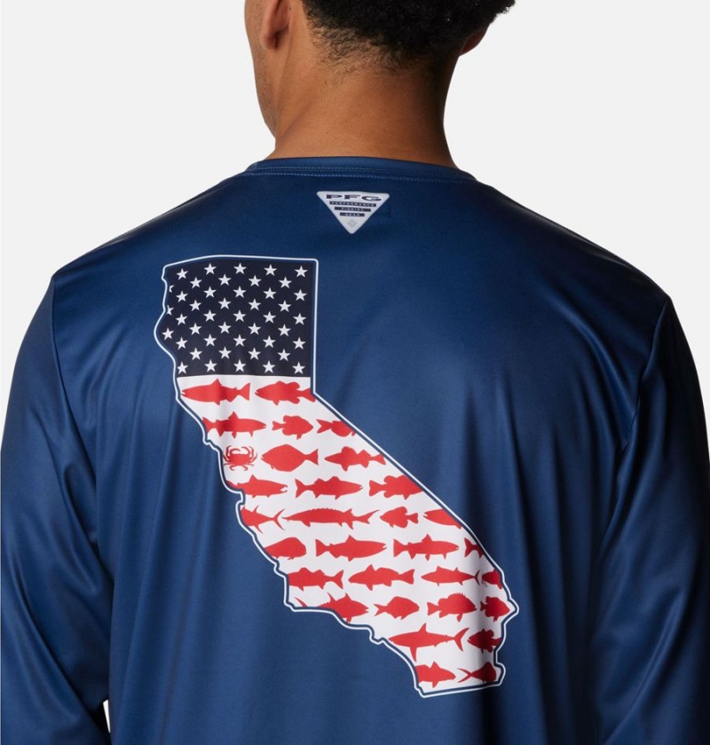 Columbia PFG Terminal Tackle Statetriot Long Sleeve Men's T-Shirt Blue | HXCIWG-978