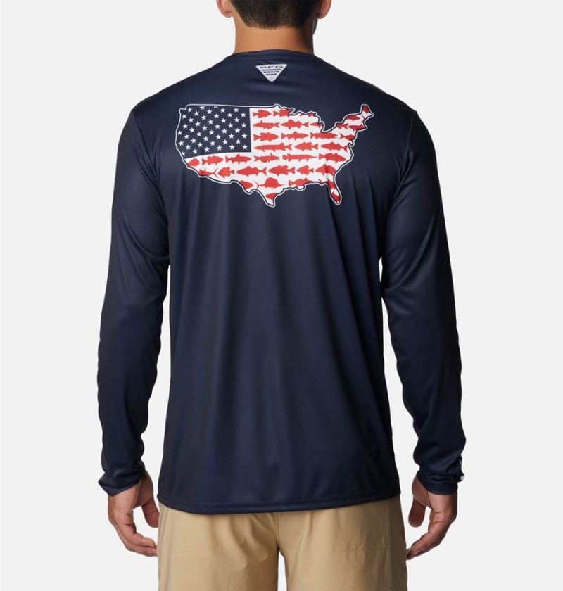 Columbia PFG Terminal Tackle Statetriot Long Sleeve Men\'s T-Shirt Navy | QBVOTH-542